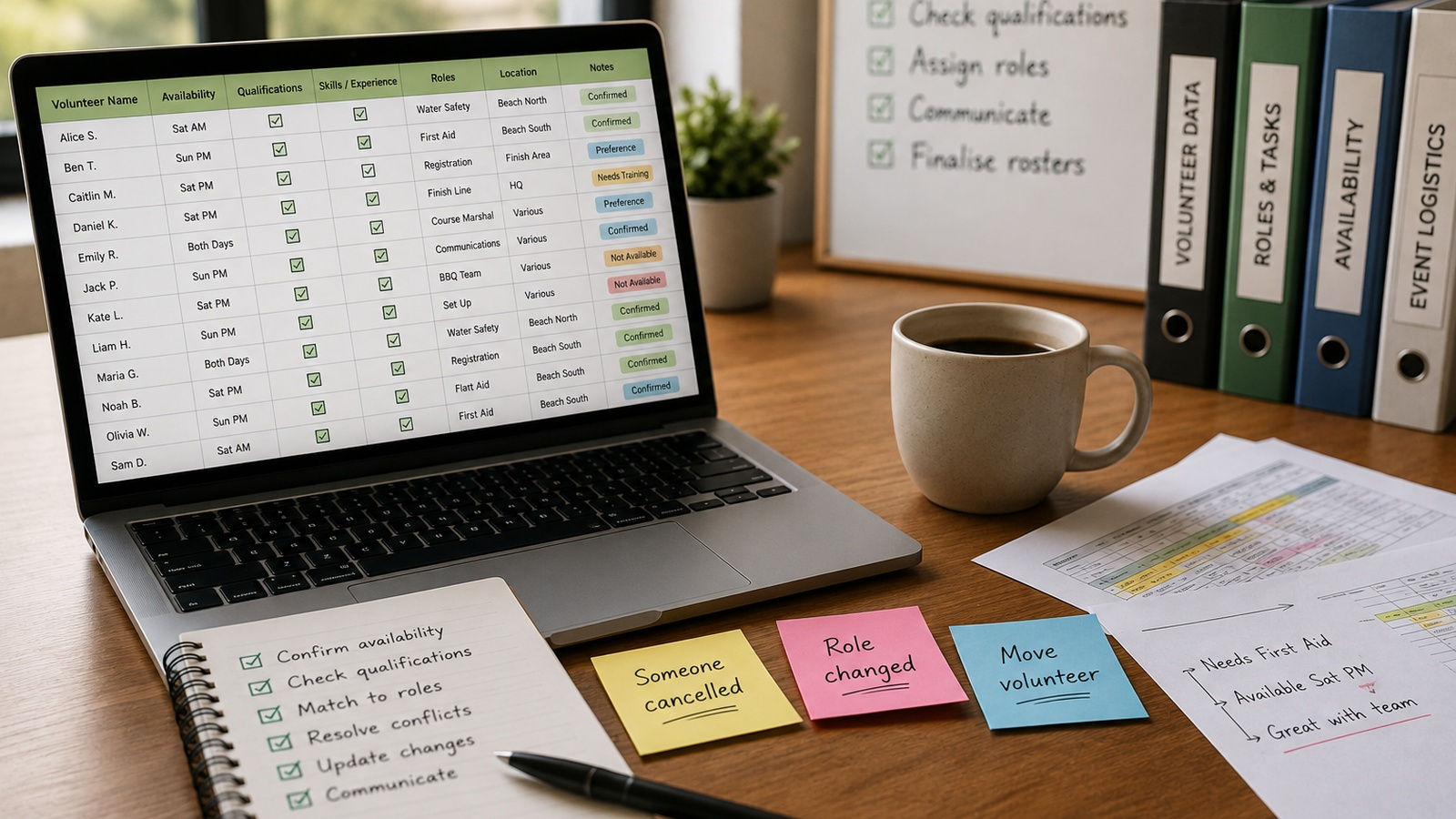 A laptop on a desk showing a volunteer roster spreadsheet of names, availability, qualifications and roles, beside a handwritten task list, sticky notes reading 'someone cancelled', 'role changed' and 'move volunteer', a printed roster and labelled ring binders